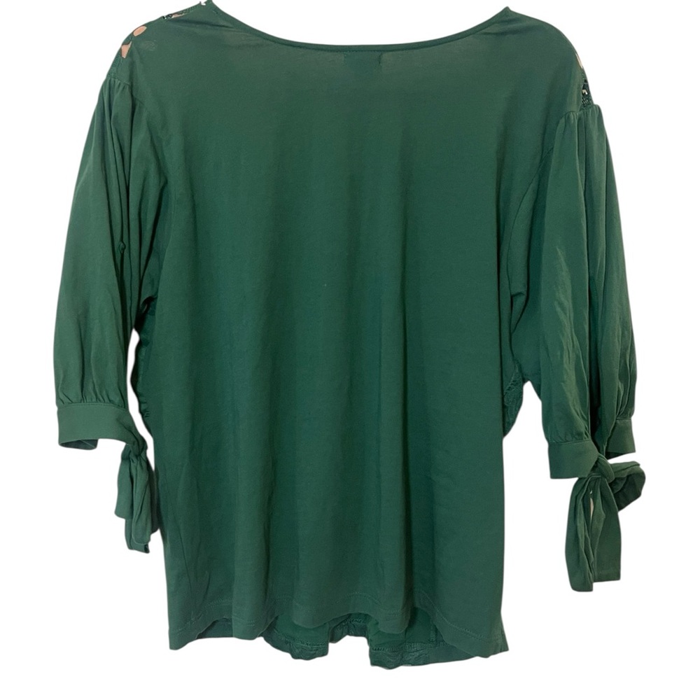 Anthropologie Tiny forest green blouse deep vee shoulder lace details holiday L - Picture 3 of 8